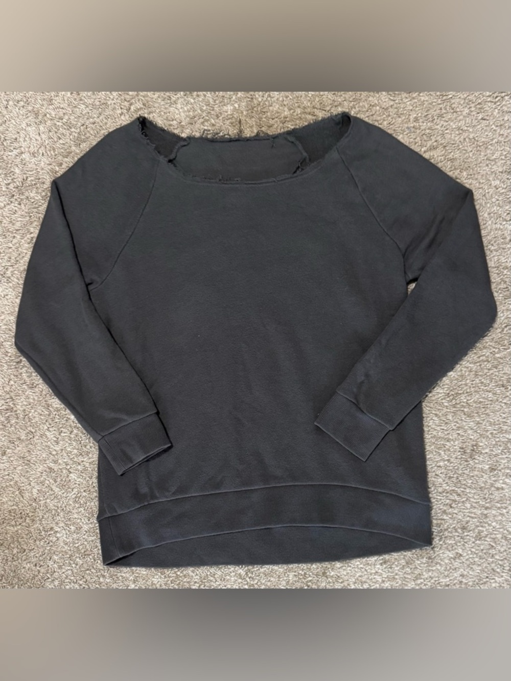 Distressed Off Shoulder Sweatshirt Dark Gray/Green Raw Neck Pullover Size S